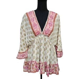 Angie Dolman Sleeve V-neck Empire Waist Ruffled Hem Floral Pullover Top Sz L